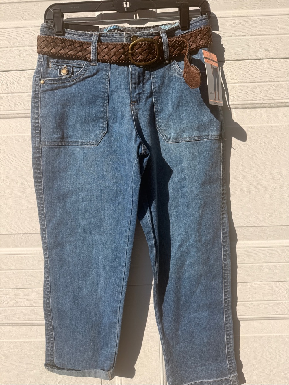 One 5 One 151 Cropped Pants Jeans Braided Belt Medium Wash Denim Size 4 NWT